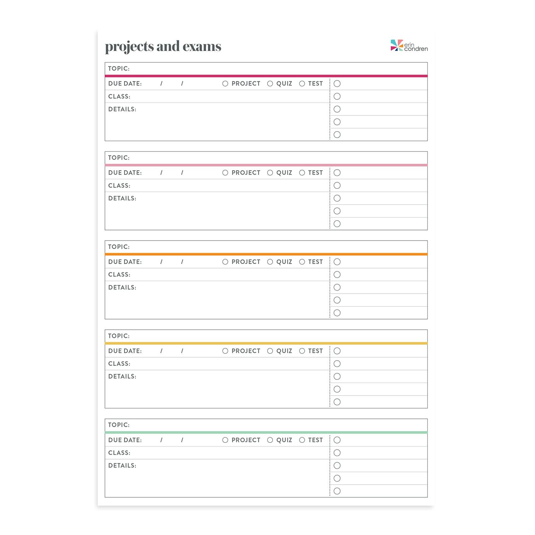 Erin Condren Weekly Projects and Exams Notepad